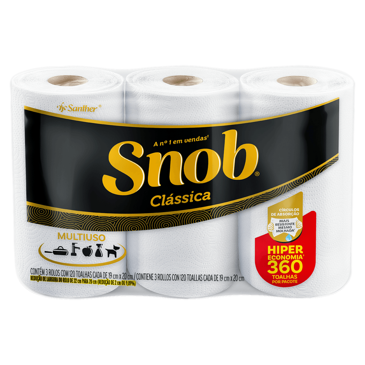 Papel Toalha Clássica Snob Multiuso 3 Rolos com 120 Toalhas