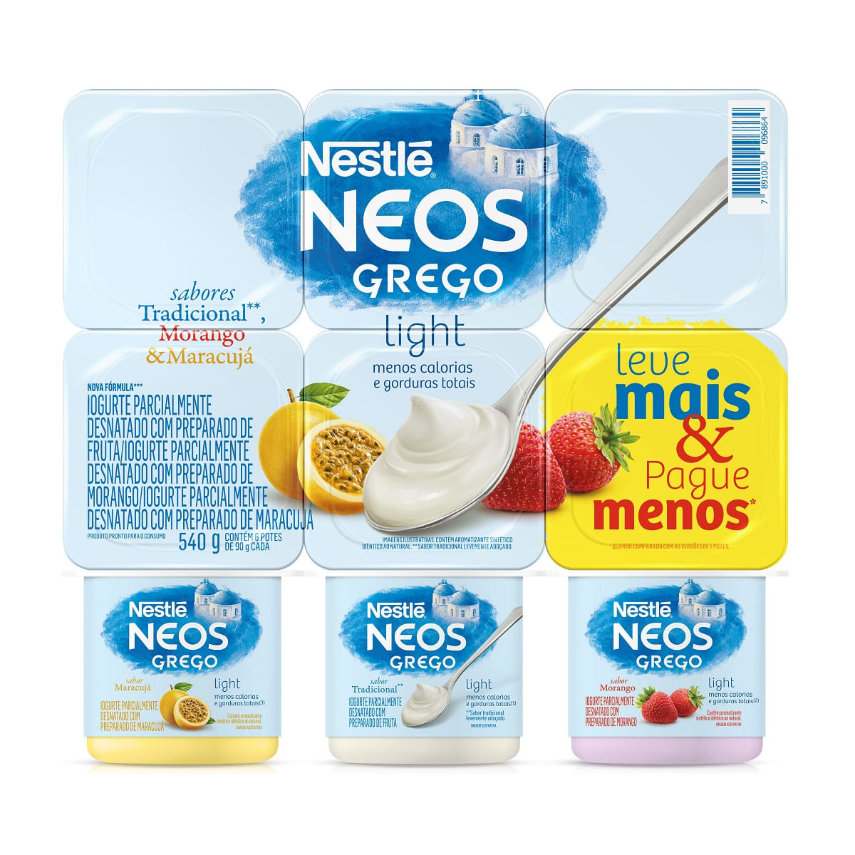 Iogurte Nestlé Neos Grego Light 3 Sabores 540g Com 6 Unidades